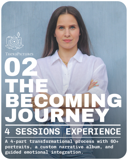 Woman exploring self-expression and emotions across three therapeutic photoshoot sessions, featuring guided embodiment exercises, psycho-magic, and 60+ artistic portraits captured in a custom narrative album